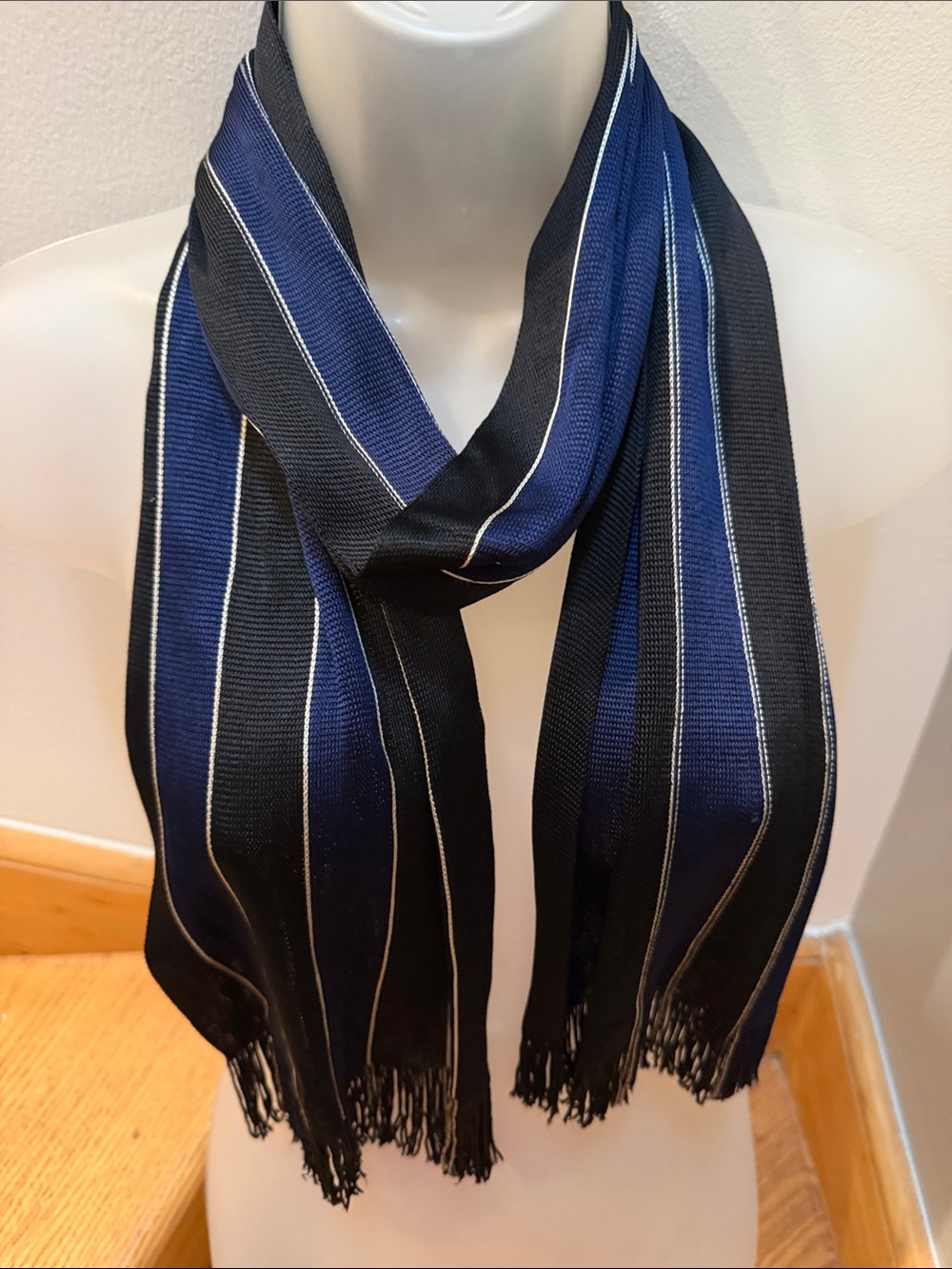 Echo Vintage Blue & Black Long Oblong Striped Textured Scarf Unisex Mod Chic